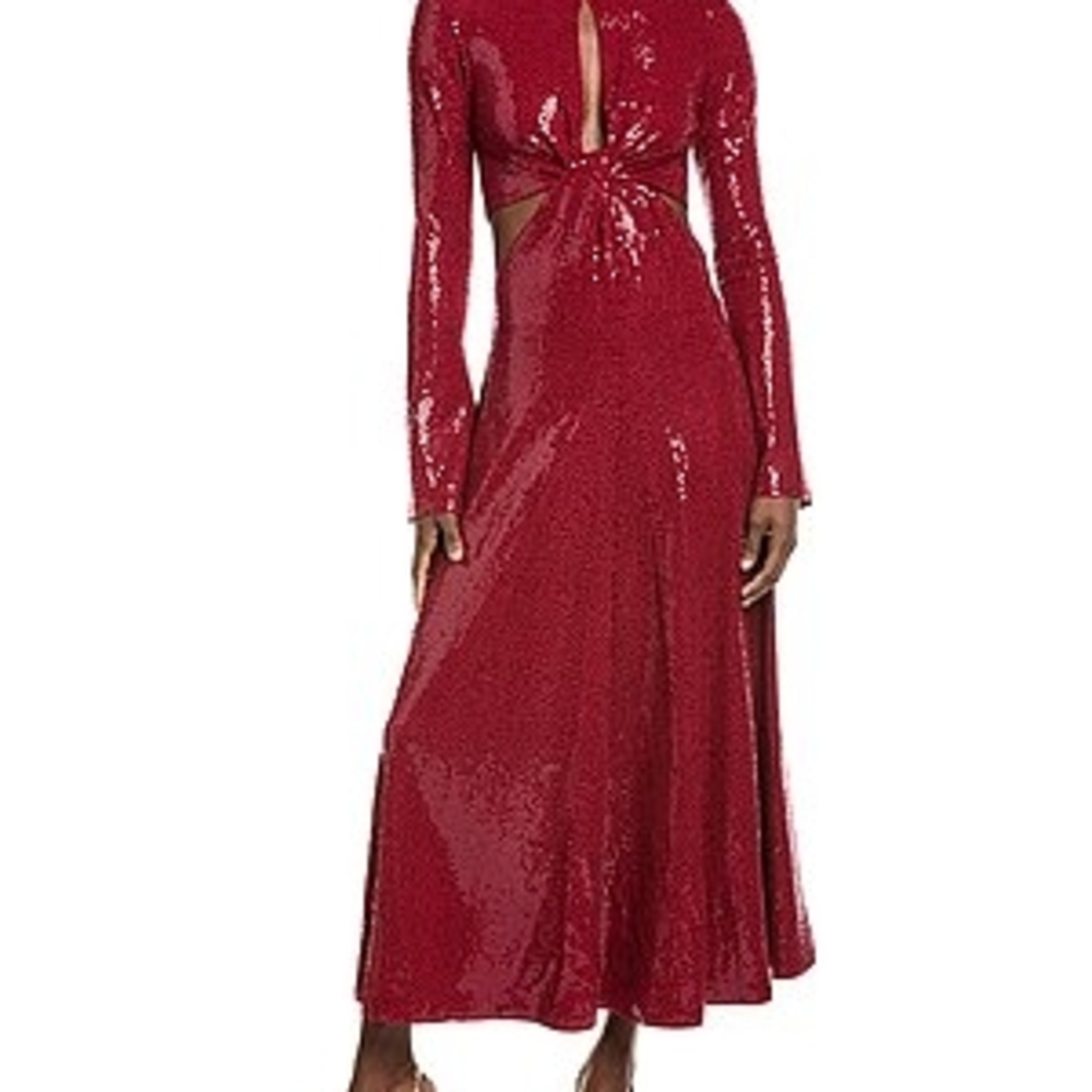 Michael Kors Red and Gold Sequin Maxi Dress Plunge Neckline